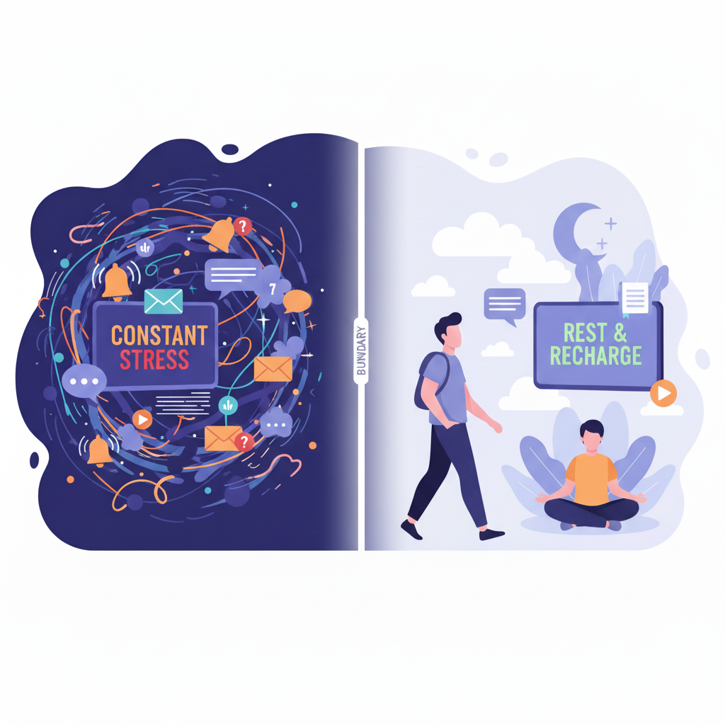 Illustration showing a clear boundary between 'CONSTANT STRESS' (notifications) and 'REST & RECHARGE' (quiet space), emphasizing the right to disconnect.