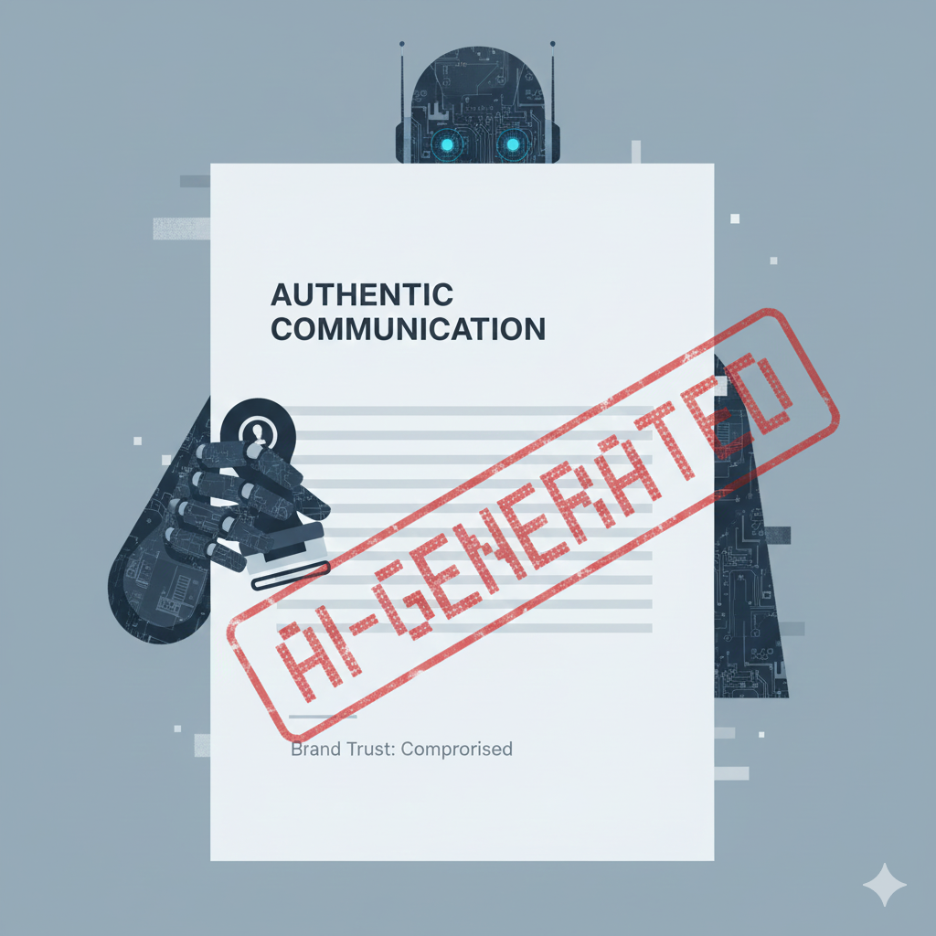 Illustration of a professional document labeled 'AUTHENTIC COMMUNICATION' with a hidden AI entity behind it inserting an 'AI-GENERATED' watermark, highlighting lack of transparency.
