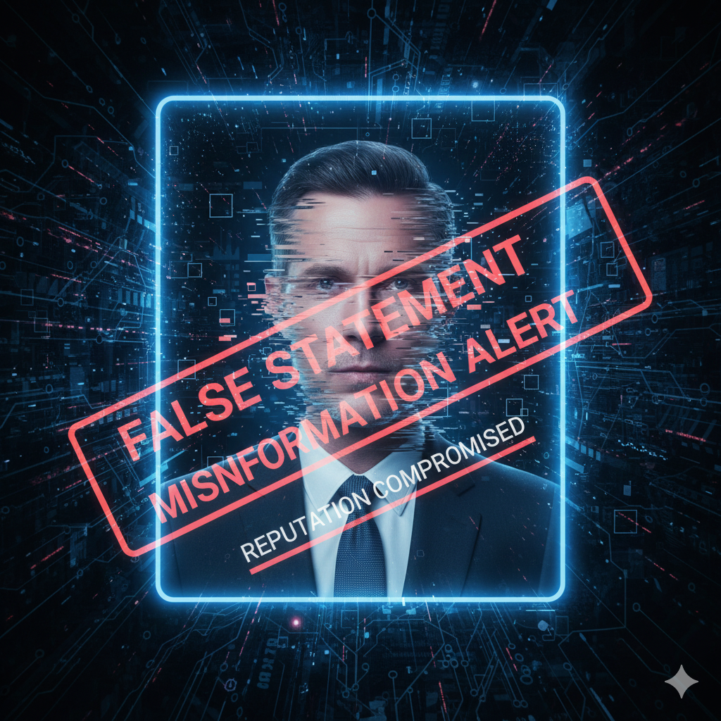 Illustration of a corporate leader's face glitching and distorting on a screen with a 'MISINFORMATION ALERT' warning, symbolizing the threat of deepfakes and reputational damage.