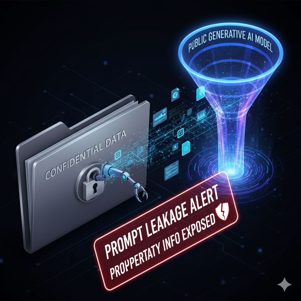 Illustration of confidential data leaking from a locked folder and flowing into a large, public Generative AI model funnel, symbolizing confidentiality breaches.