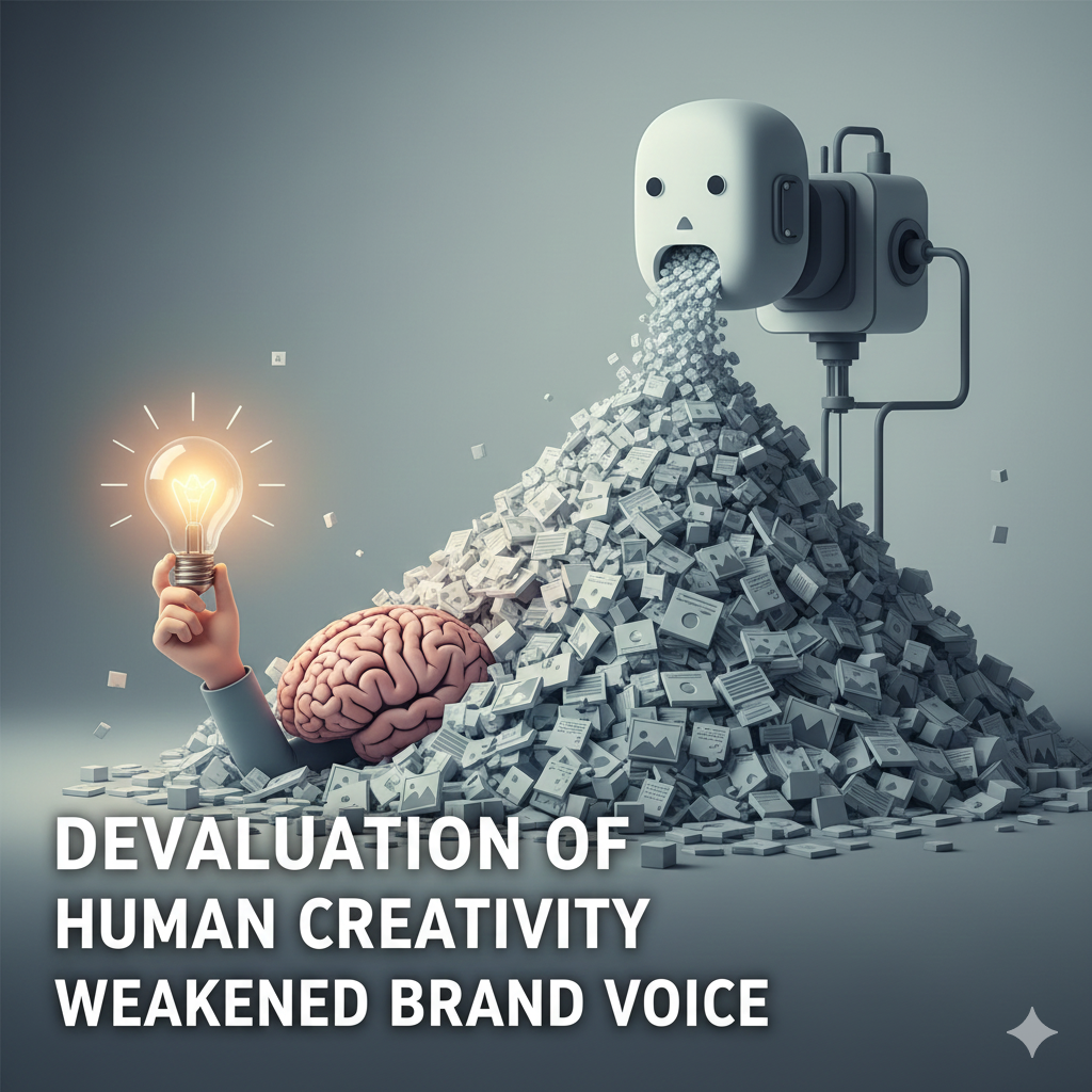 Illustration of a human creator holding a small, unique idea (light bulb) while buried under a mountain of generic, gray, mass-produced AI content, symbolizing the devaluation of creativity.