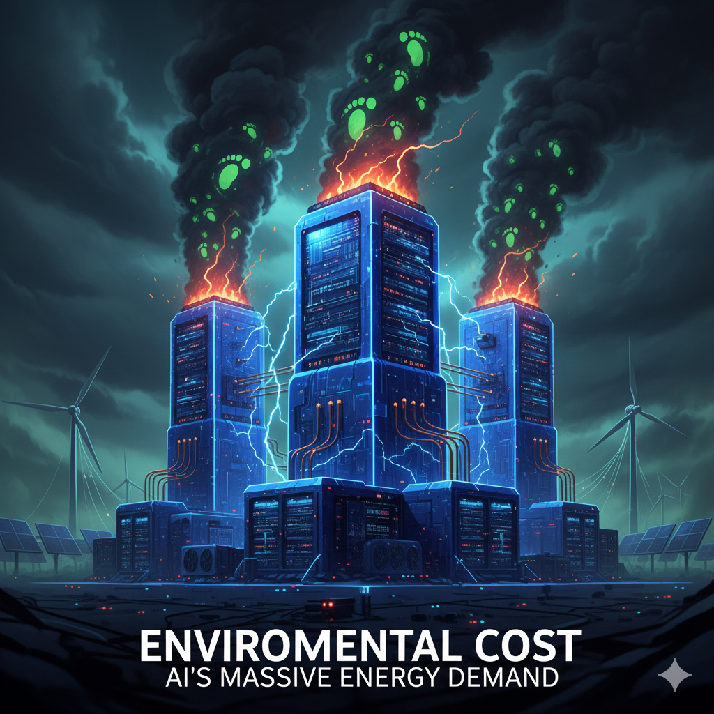 Illustration of a large AI server emitting carbon symbols and smoke, symbolizing the massive energy consumption and environmental cost of training and running generative models.