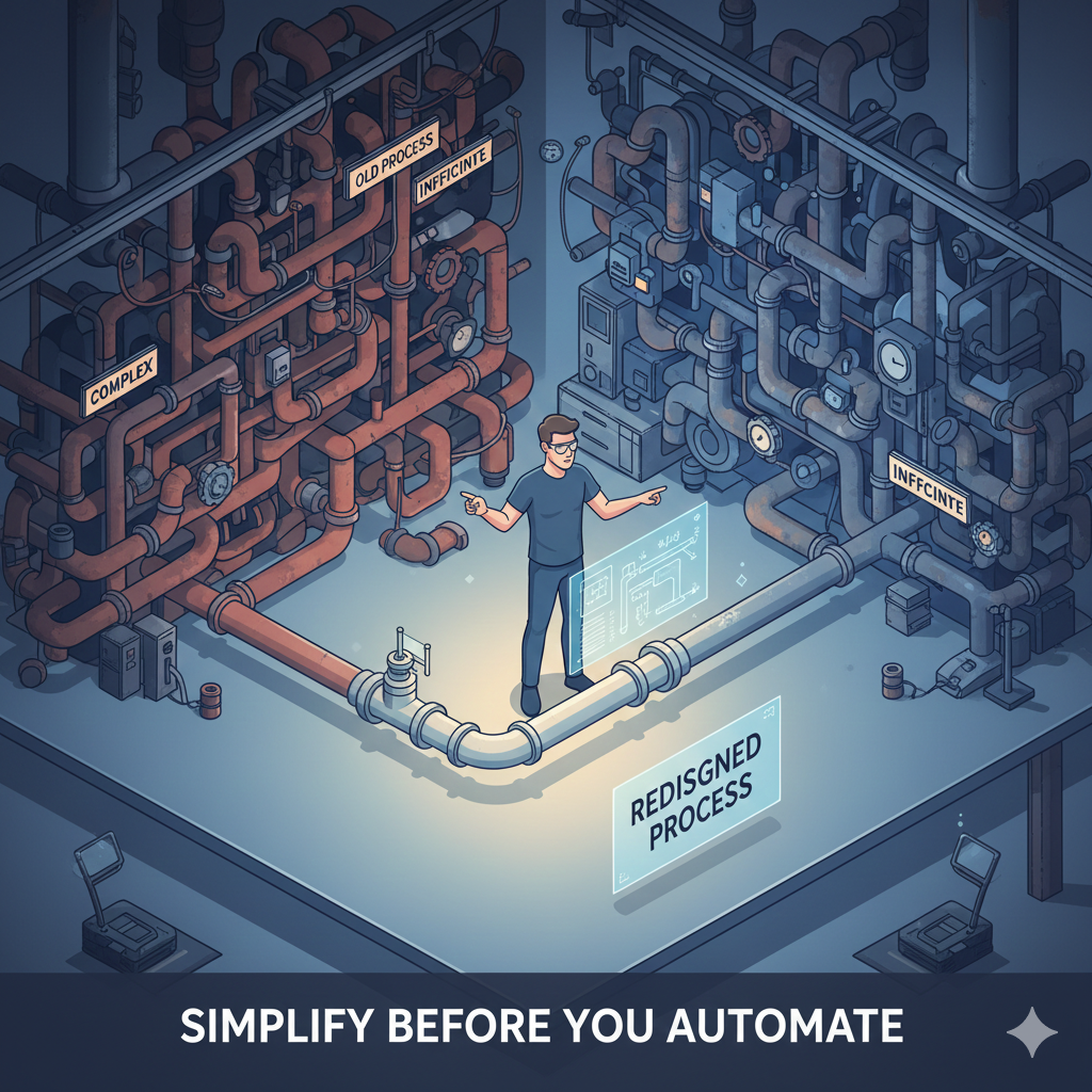 Illustration of a designer simplifying a messy, tangled pipe system into a clean, straight path before automation, symbolizing process redesign.