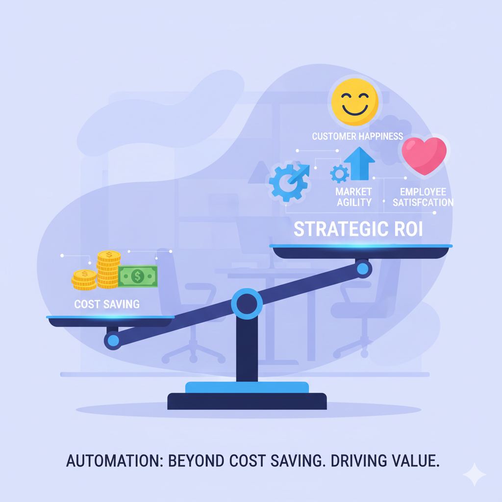 Illustration of a scale showing 'Strategic ROI' (Customer, Agility, Employee Morale) outweighing 'Cost Saving' (money pile).