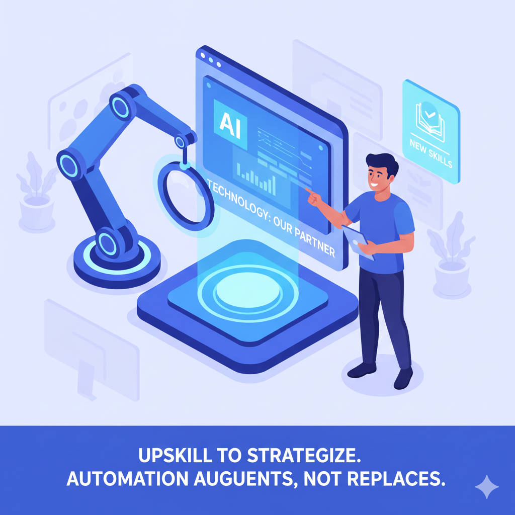 Illustration of an employee confidently controlling an advanced AI/RPA tool, symbolizing upskilling and human collaboration with technology.