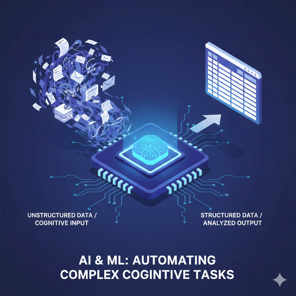 Illustration of an AI brain consuming messy, unstructured data (documents, emails) and producing clean, organized structured data blocks, symbolizing cognitive automation.