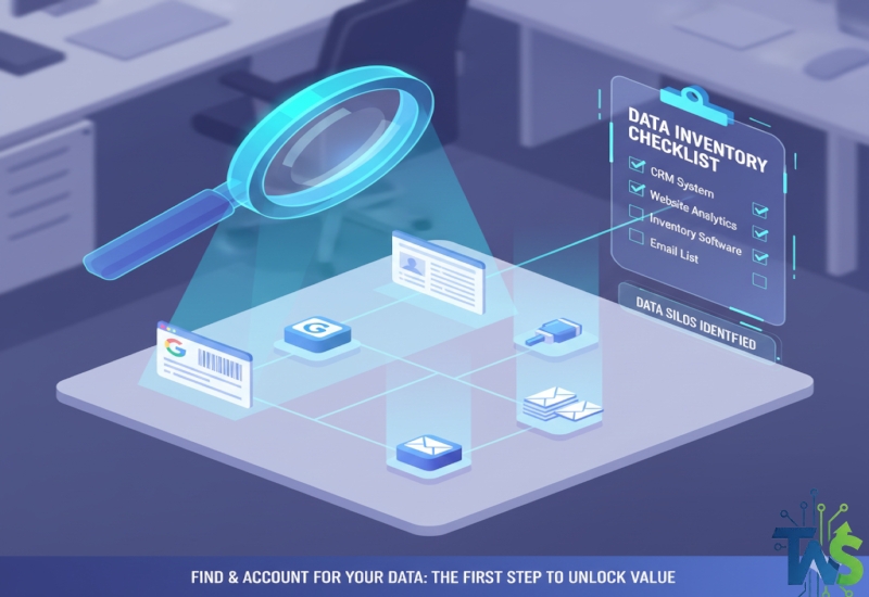 Illustration of a desk or map where a scanner identifies and inventories scattered data sources (CRM, Analytics, Inventory), symbolizing data audit and silo identification.
