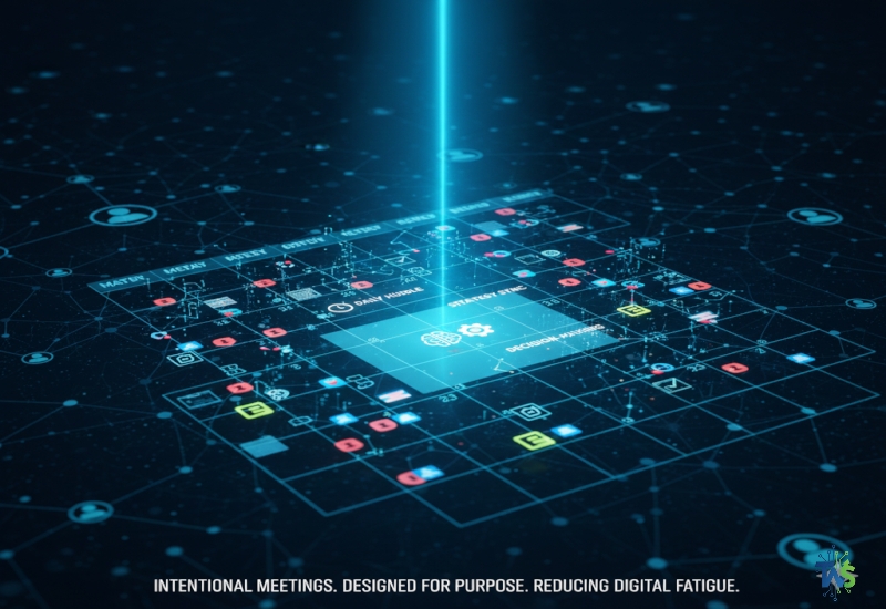 Illustration of a calendar icon crossed out with a large 'X' next to a small, quick 15-minute timer, symbolizing the strategy of eliminating unnecessary meetings.