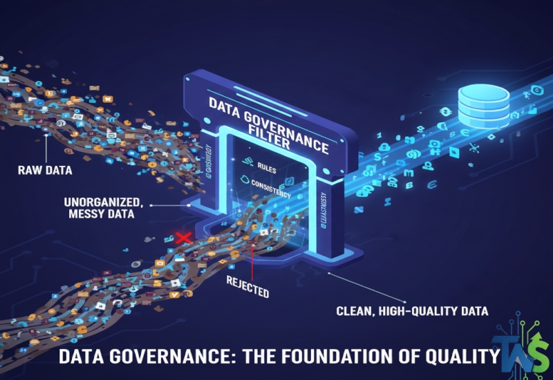 Illustration of messy, unorganized data passing through a filter or gate labeled 'RULES' and 'CONSISTENCY', symbolizing Data Governance for quality control.