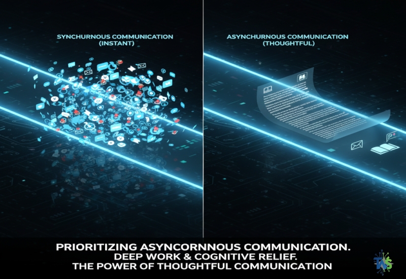 Illustration of a paper airplane (asynchronous message) flying next to a real-time chat bubble, symbolizing the strategic use of communication channels for deep work.