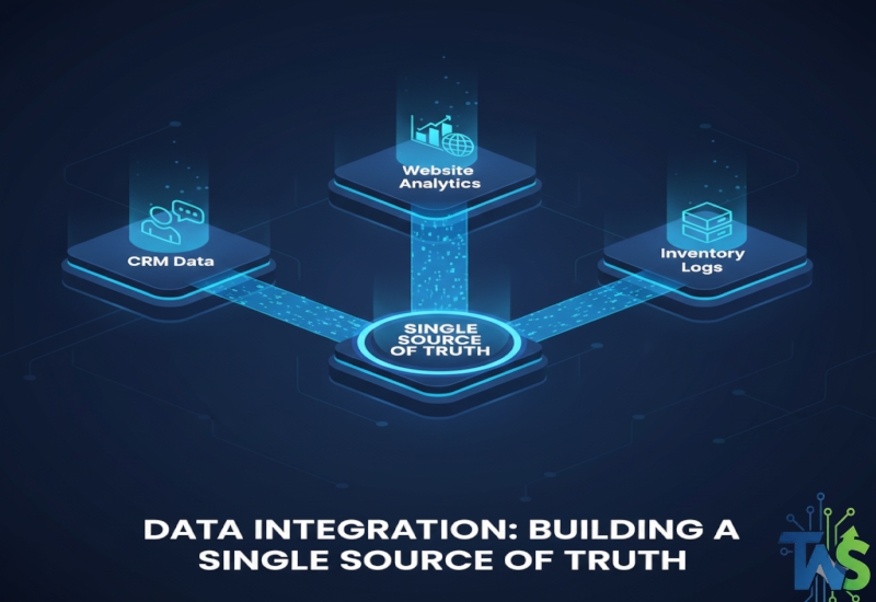 Illustration of separate digital islands (CRM, Marketing, Inventory) being connected by a strong data pipeline or bridge, symbolizing integration to create a Single Source of Truth.