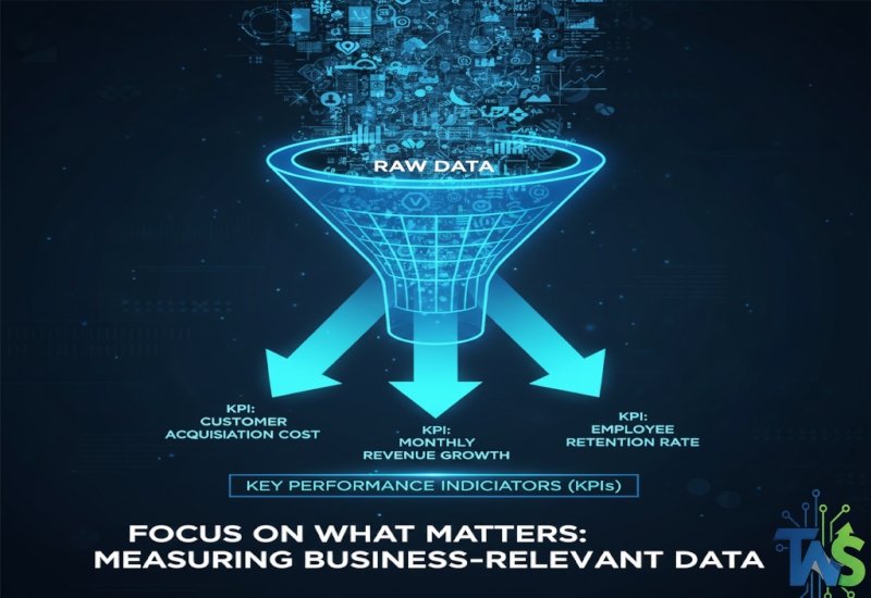 Illustration of a funnel where vast raw data enters, and only focused, actionable KPIs (arrows) emerge, symbolizing the prioritization of necessary metrics.