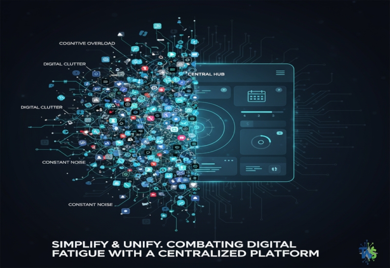 Illustration of many different, messy software logos converging into a single, clean, standardized platform, symbolizing the reduction and integration of tools.