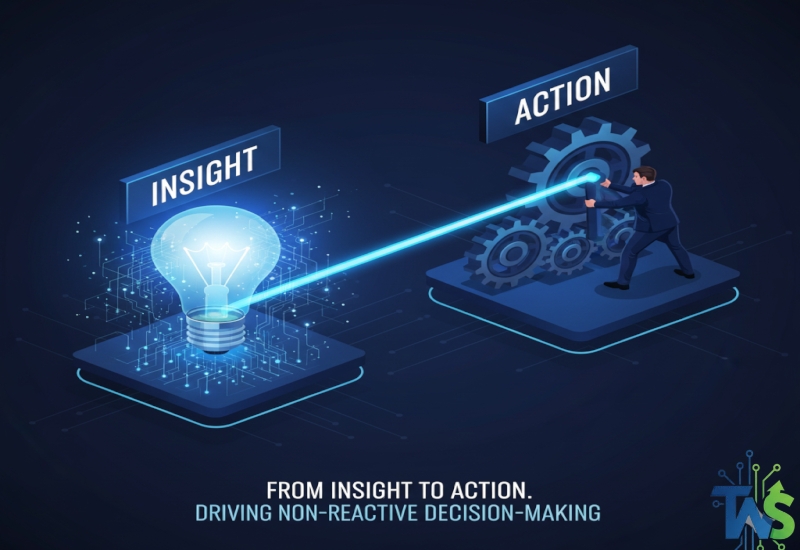 Illustration showing a glowing lightbulb (Insight) connected by a line to a large gear or lever (Action) being turned by a hand, symbolizing converting insights into executed policies.