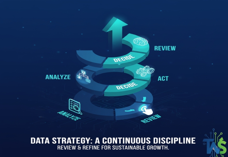 Illustration of a continuous, upward-moving spiral or loop with stages: Analyze, Decide, Act, Review, symbolizing data strategy as a continuous improvement discipline.