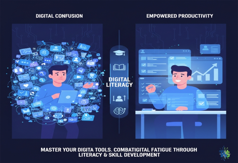 Illustration of an employee being trained to use an AI/RPA tool efficiently, focusing on maximizing value and reducing manual effort, symbolizing digital literacy training.