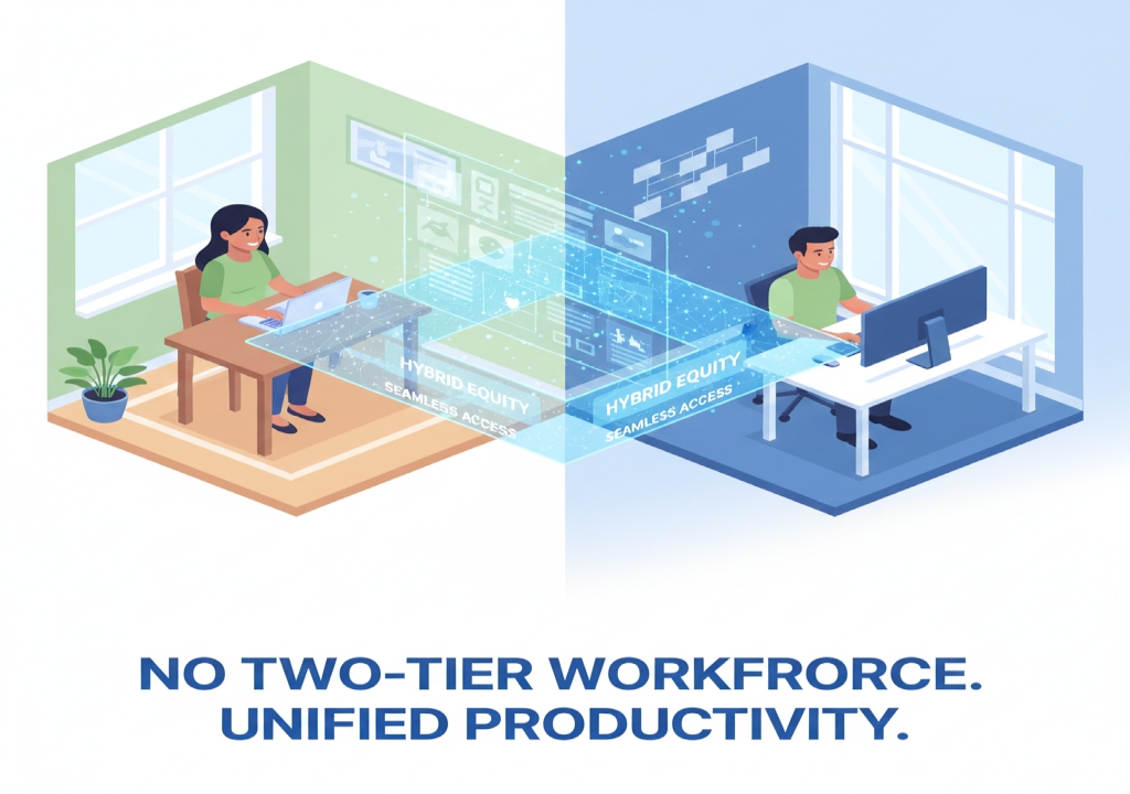 Illustration showing two employees, one remote and one in the office, connected by a seamless digital link, symbolizing Hybrid Equity and equal access to opportunities.
