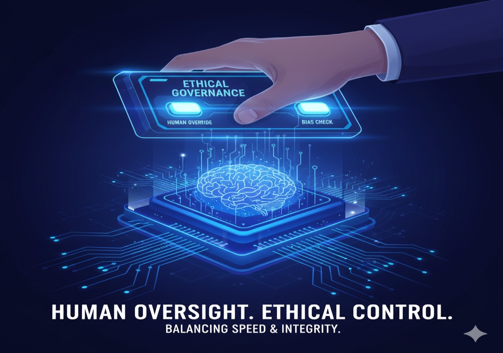 Illustration of a human hand firmly controlling a glowing digital control panel over a fast-moving AI system, labeled with 'ETHICS' and 'HUMAN OVERRIDE', symbolizing ethical AI governance.