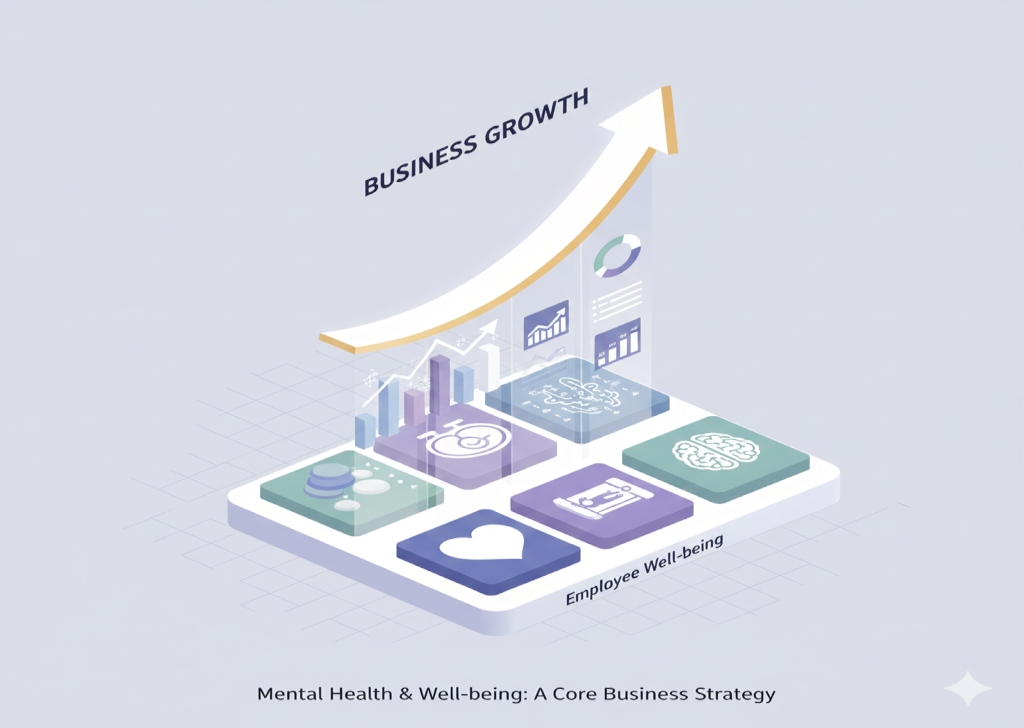 Illustration of a business growth chart whose foundation is built upon wellness icons (mental health, calm, balance), symbolizing well-being as a core driver of productivity.