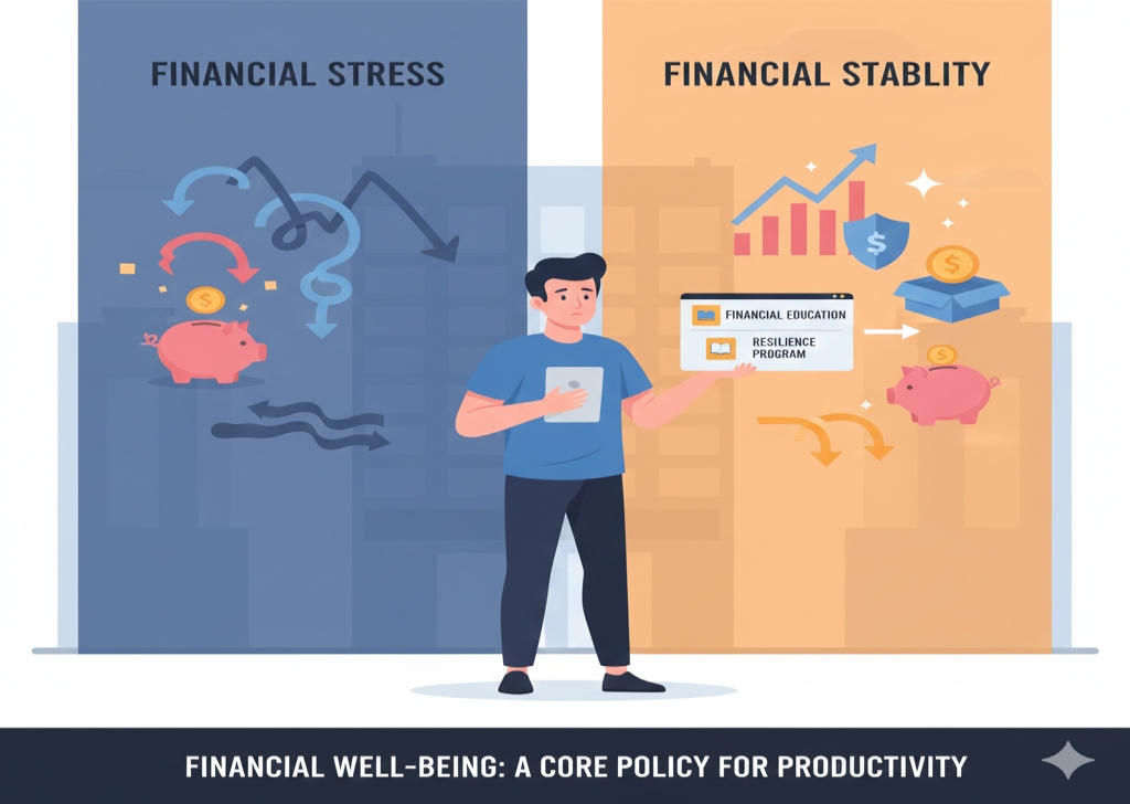 Illustration of a scale where strategic value (customer happiness, agility) outweighs simple cost saving (money pile), symbolizing a shift to Strategic ROI.