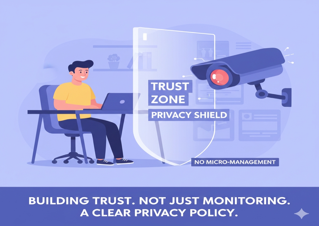 Illustration of an employee working behind a digital 'TRUST ZONE' shield, which blocks a surveillance camera/electronic eye, symbolizing the enforcement of privacy boundaries.
