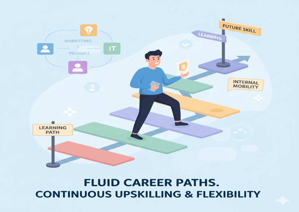 Illustration of an employee following a fluid, non-linear pathway (not a straight ladder), symbolizing internal mobility and continuous upskilling across different roles and skills.