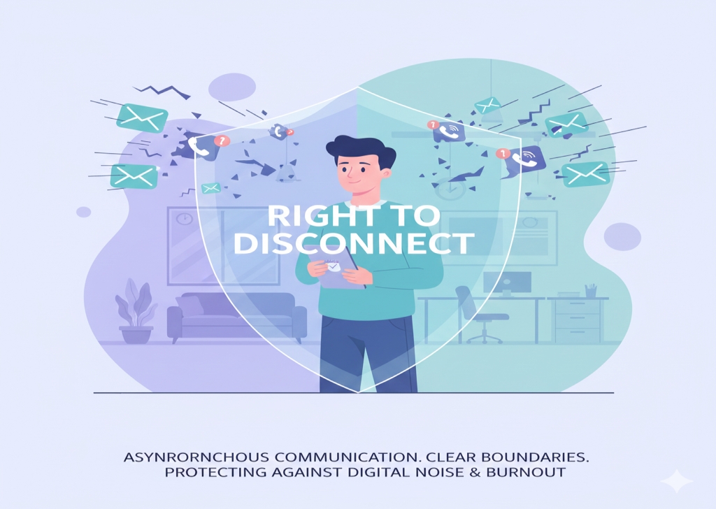 Illustration showing an employee standing peacefully inside a glowing 'RIGHT TO DISCONNECT' shield, which blocks chaotic, incoming digital messages and notifications.