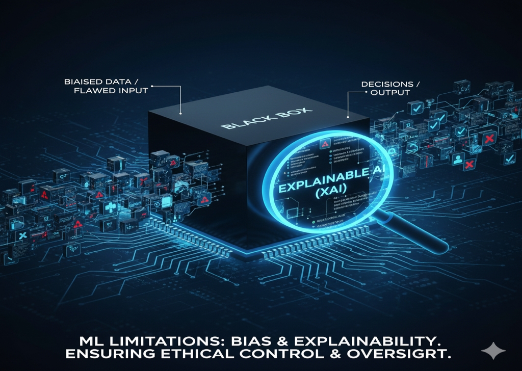 Illustration showing raw, unorganized data entering a Machine Learning system, which then autonomously generates clear, structured patterns and rules, symbolizing learning from experience.