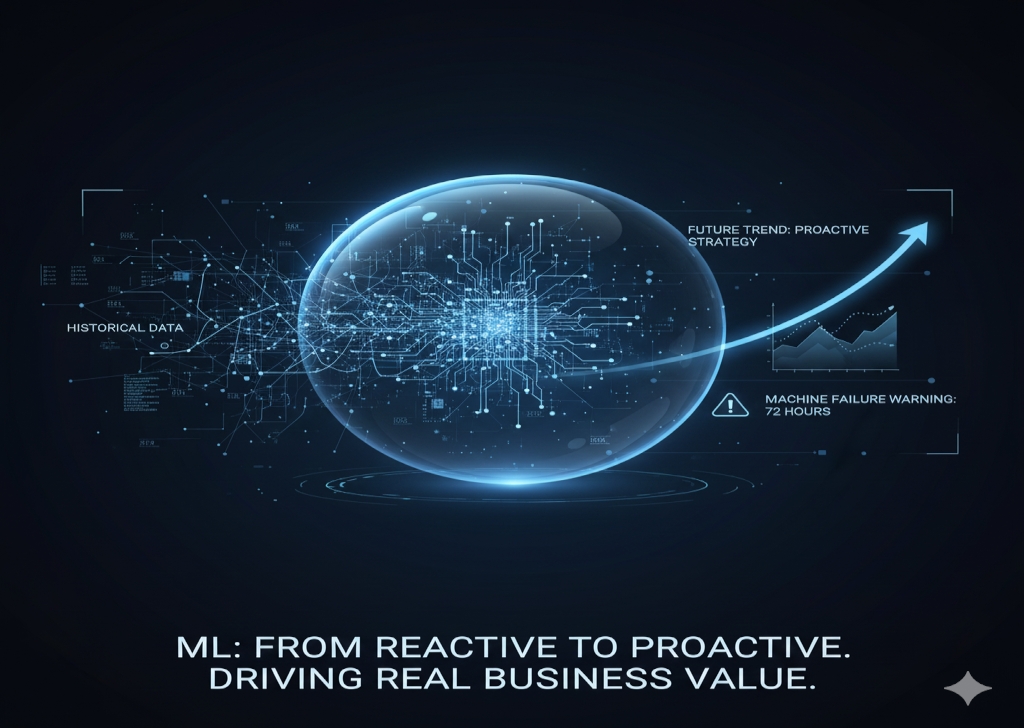 Illustration of a digital screen or crystal ball where historical data enters, and an accurate future trend (e.g., a rising sales graph) is projected, symbolizing ML's predictive analytics capability.