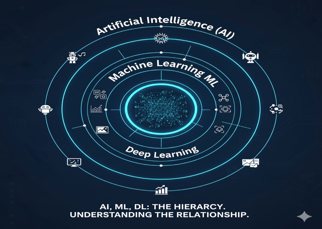 A Venn diagram or concentric circles showing Artificial Intelligence (AI) as the outer set, Machine Learning (ML) as the subset, and Deep Learning (DL) as the innermost subset, illustrating their hierarchical relationship.