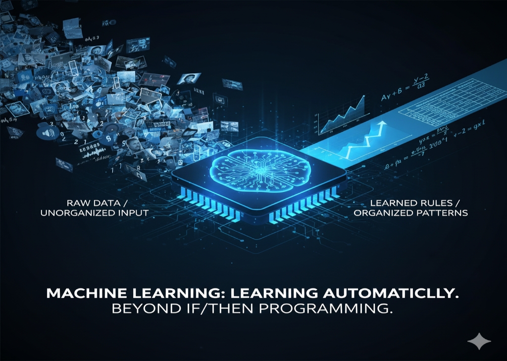 Illustration of a 'BLACK BOX' ML system where biased data enters, and a magnifying glass (Explainable AI/XAI) attempts to filter and understand the resulting decision, highlighting the need for transparency and ethical oversight.